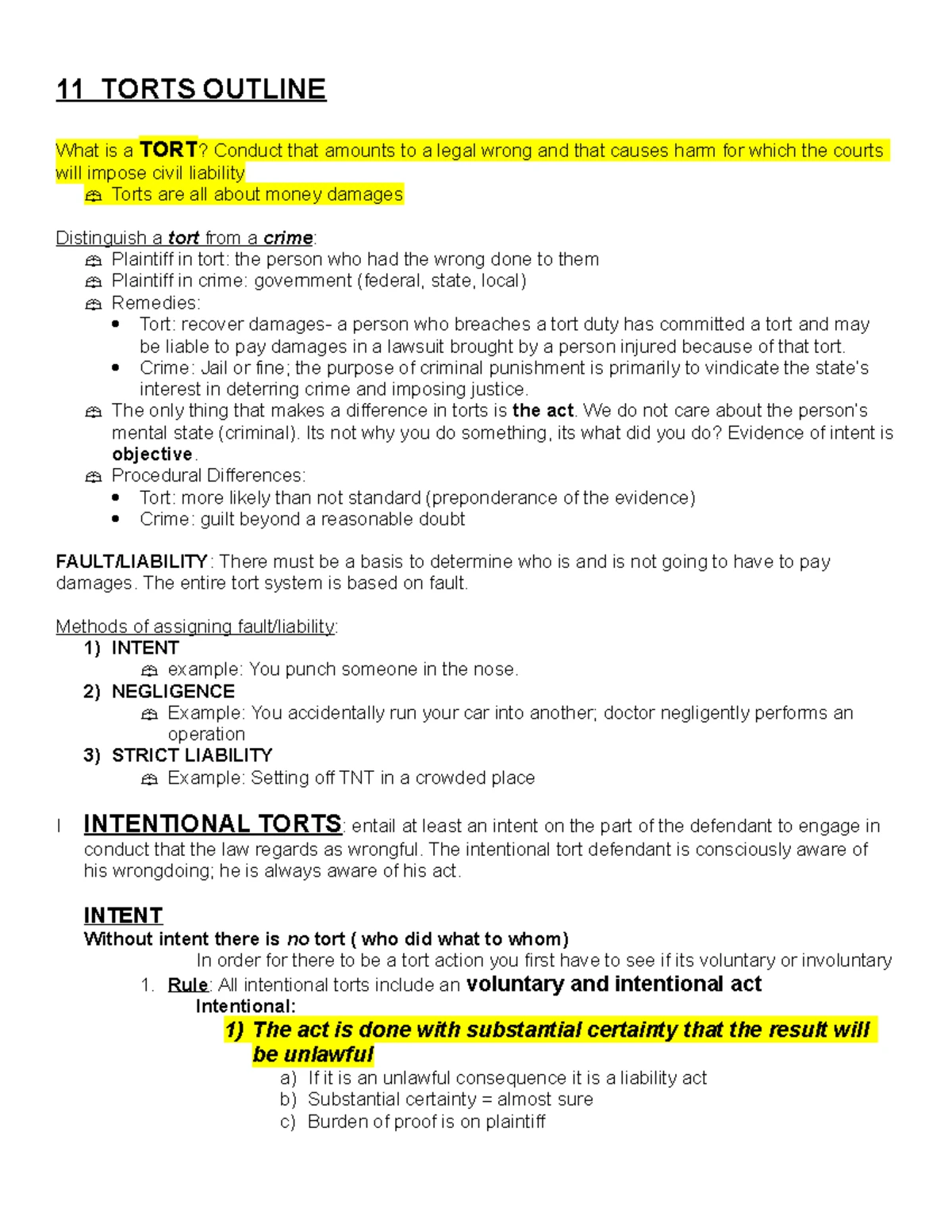 Torts Outline: Intentional Torts and Negligence Concepts (HNYLKA) - Studocu