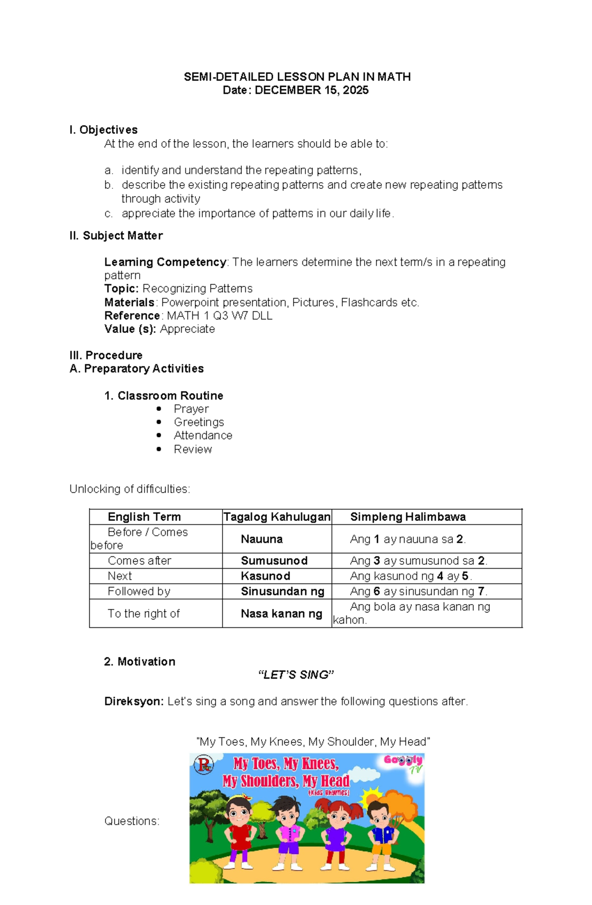 LP MATH 1 Q3 W7: Lesson Plan on Recognizing Patterns - Studocu
