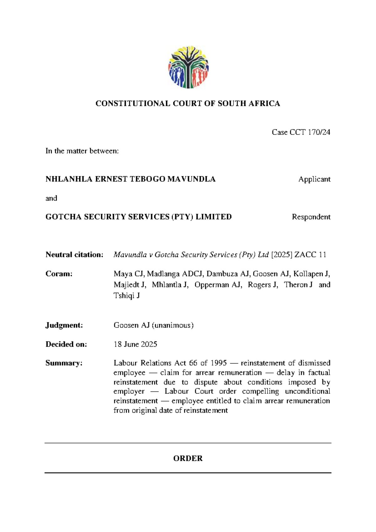 Mavundla v Gotcha Security Services (Pty) Ltd: Case CCT [2025] ZACC 11 ...