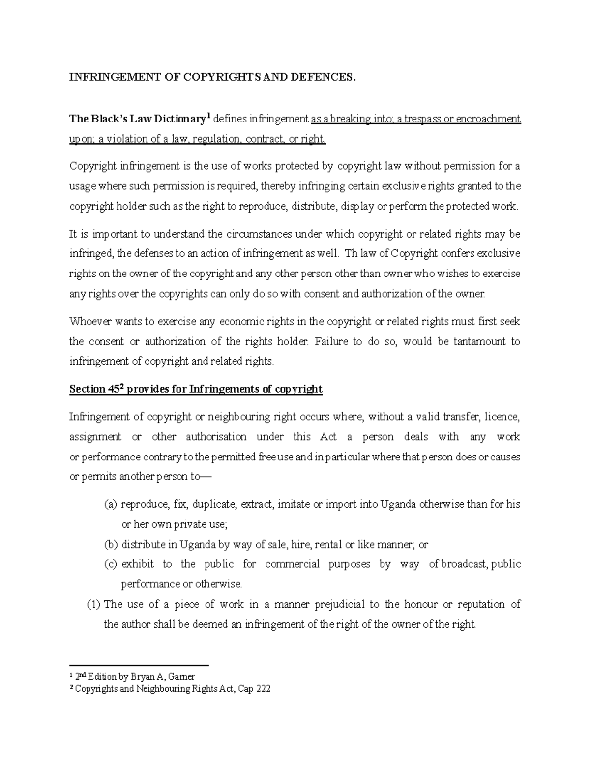 Infringement of Copyrights and Defenses: Key Legal Insights - Studocu