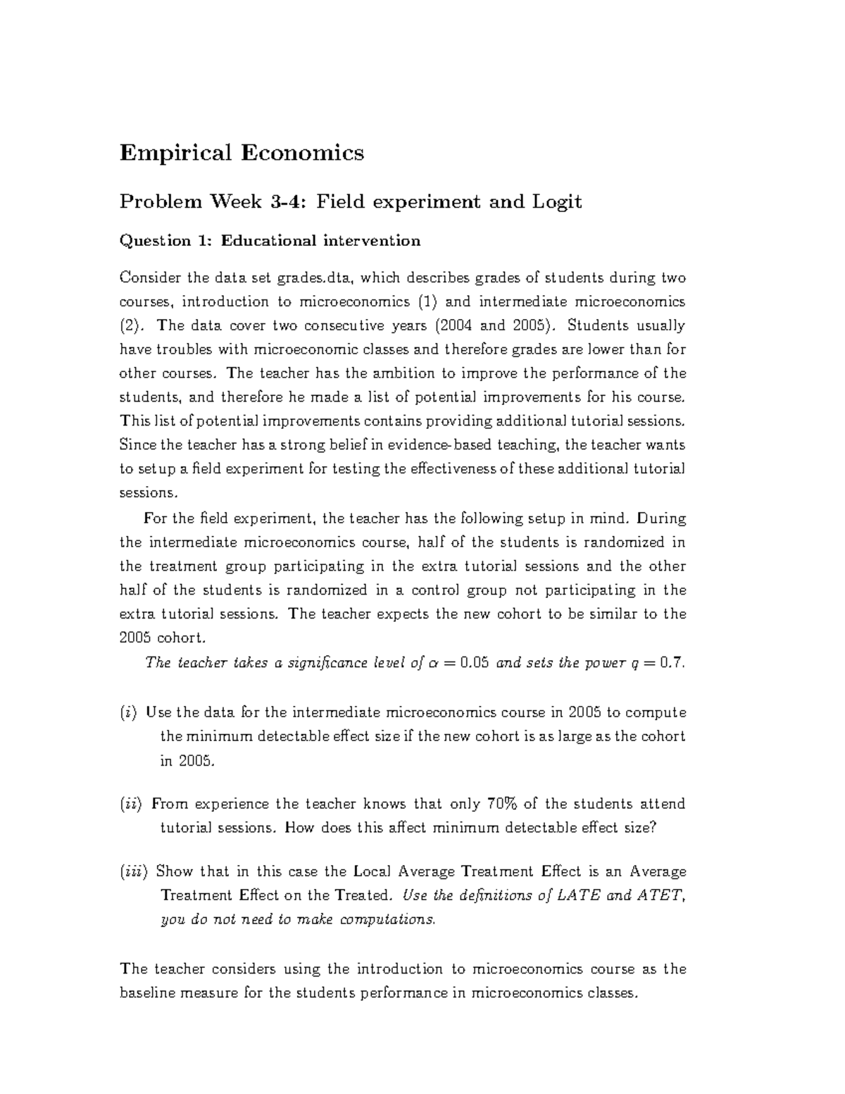 Empirical Economics - Problem Set 2: Weeks 3 & 4 Questions - Studeersnel