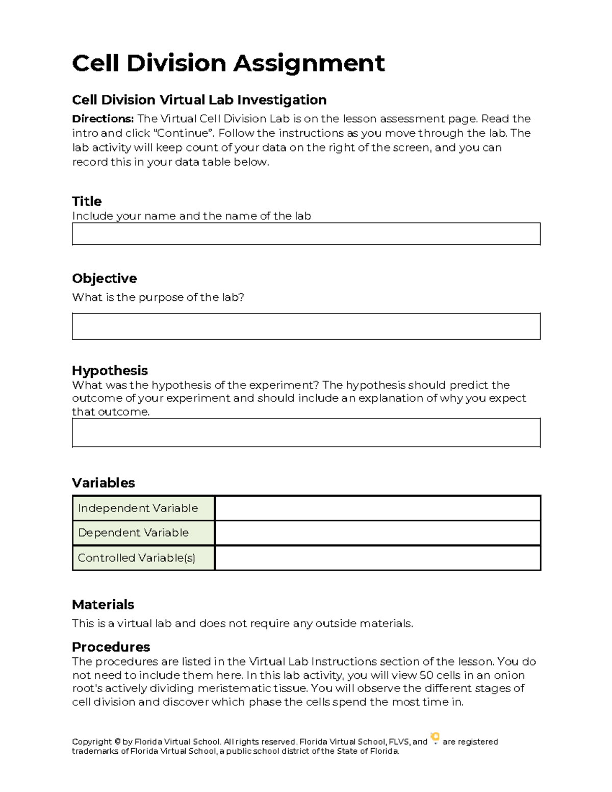03.01 Cell Division Assignment: Virtual Lab Investigation Guide - Studocu