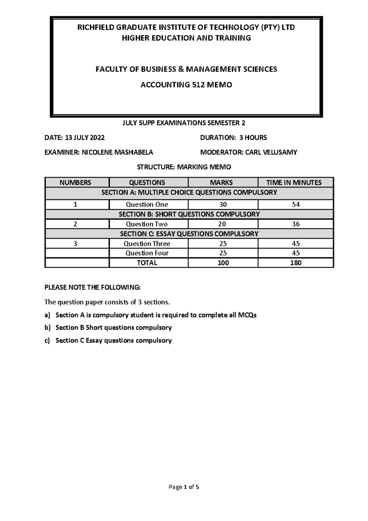 BCM512 2022 - National Final Exam Question Paper Summary and Guidelines ...