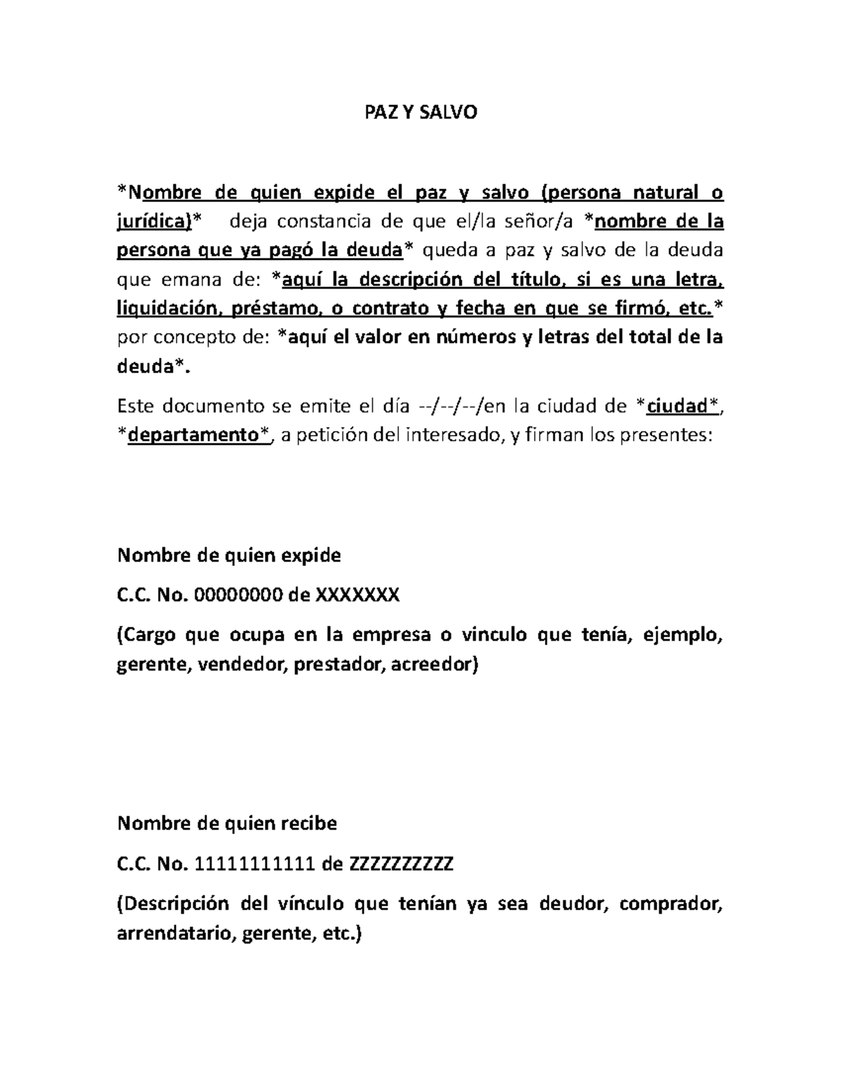 548822210 Modelo de Certificación de Paz y Salvo por Deuda - Studocu