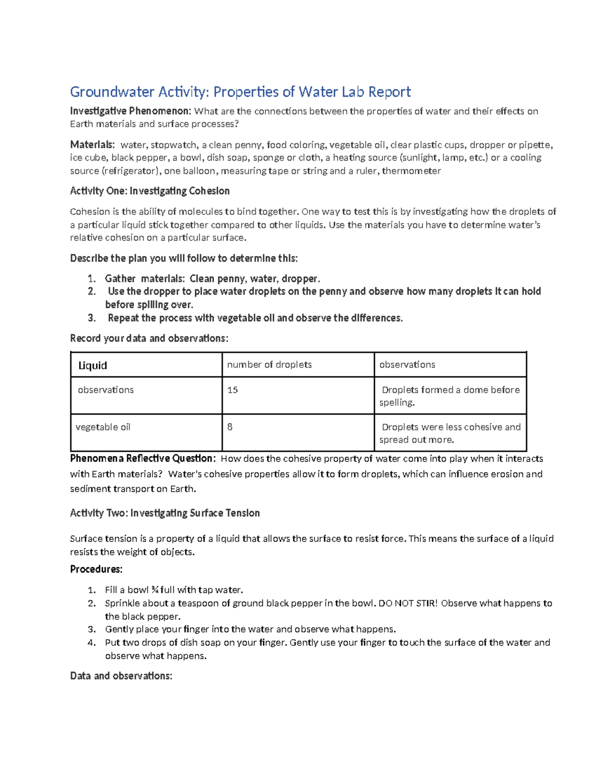 Copy of groundwater lab report - Groundwater Activity: Properties of ...