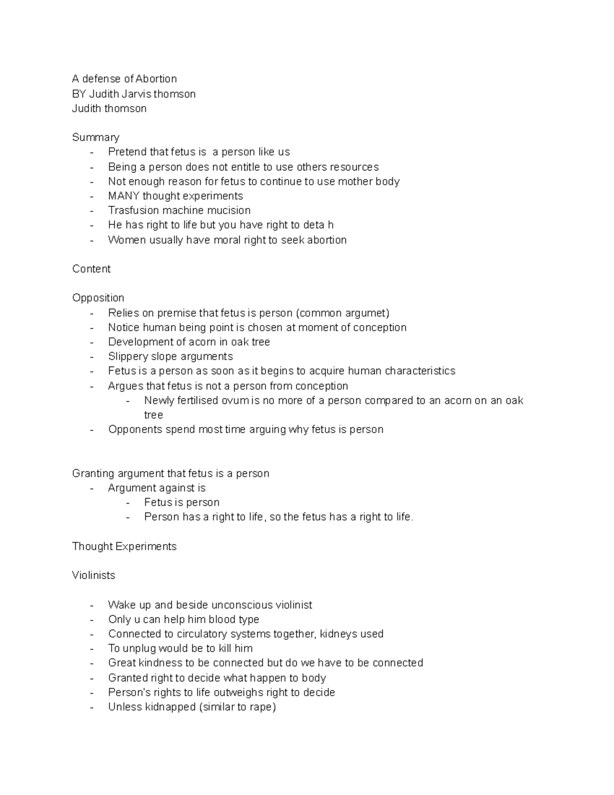 Essay Notes on "Defense of Abortion" - Long Essay (PHI101) - Studocu