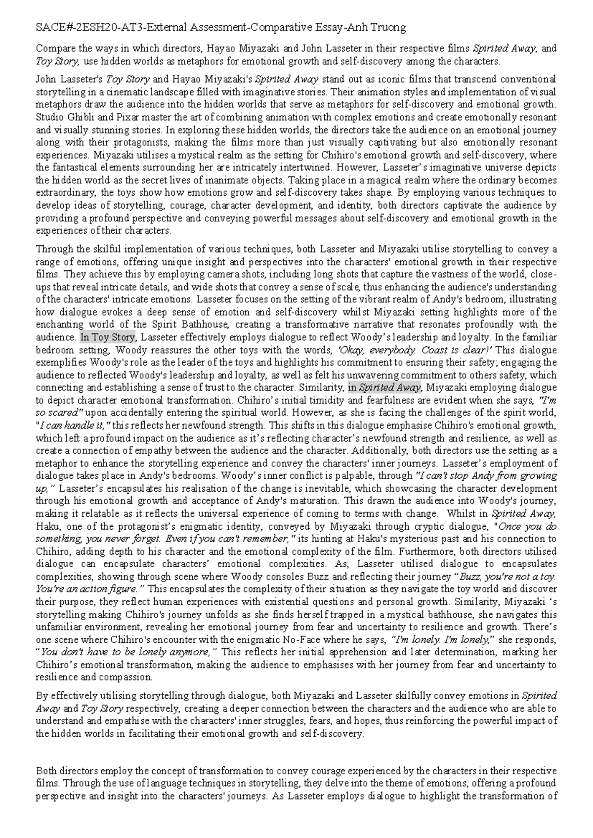 SACE#-2ESH20-AT3-Comparative Essay on Emotional Growth in Miyazaki ...