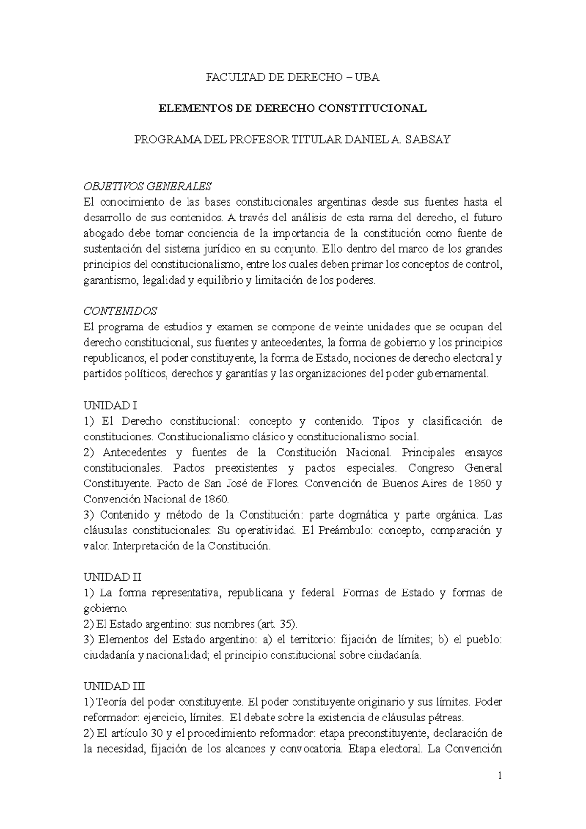 Programa de Derecho Constitucional - Daniel A. Sabsay (UBA) - Studocu