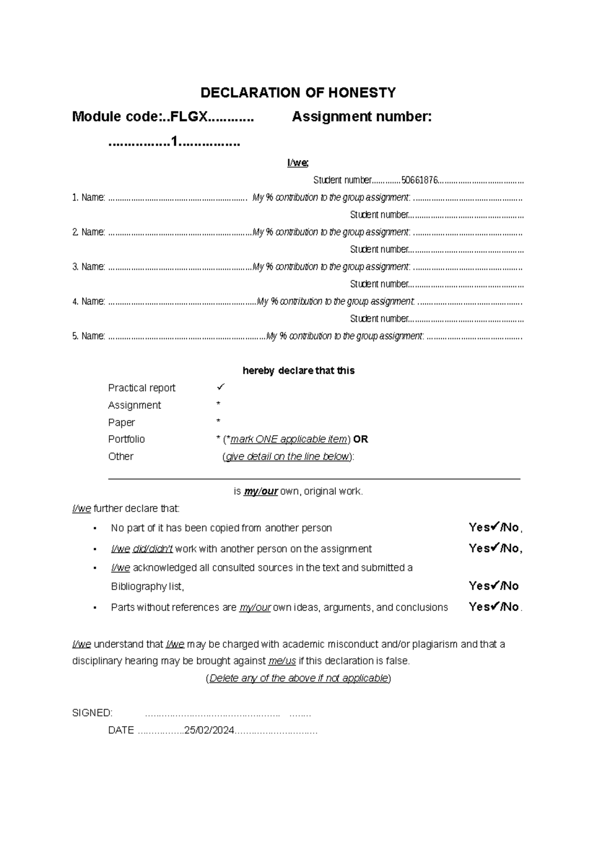 Plagiarism form flgx - DECLARATION OF HONESTY Module code ...