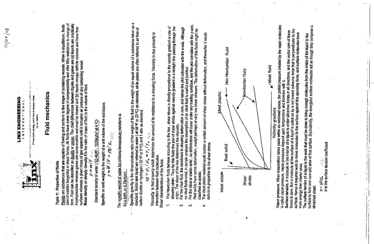 Fluid Mechanics Study Notes: Properties, Statics, and Dynamics - Studocu