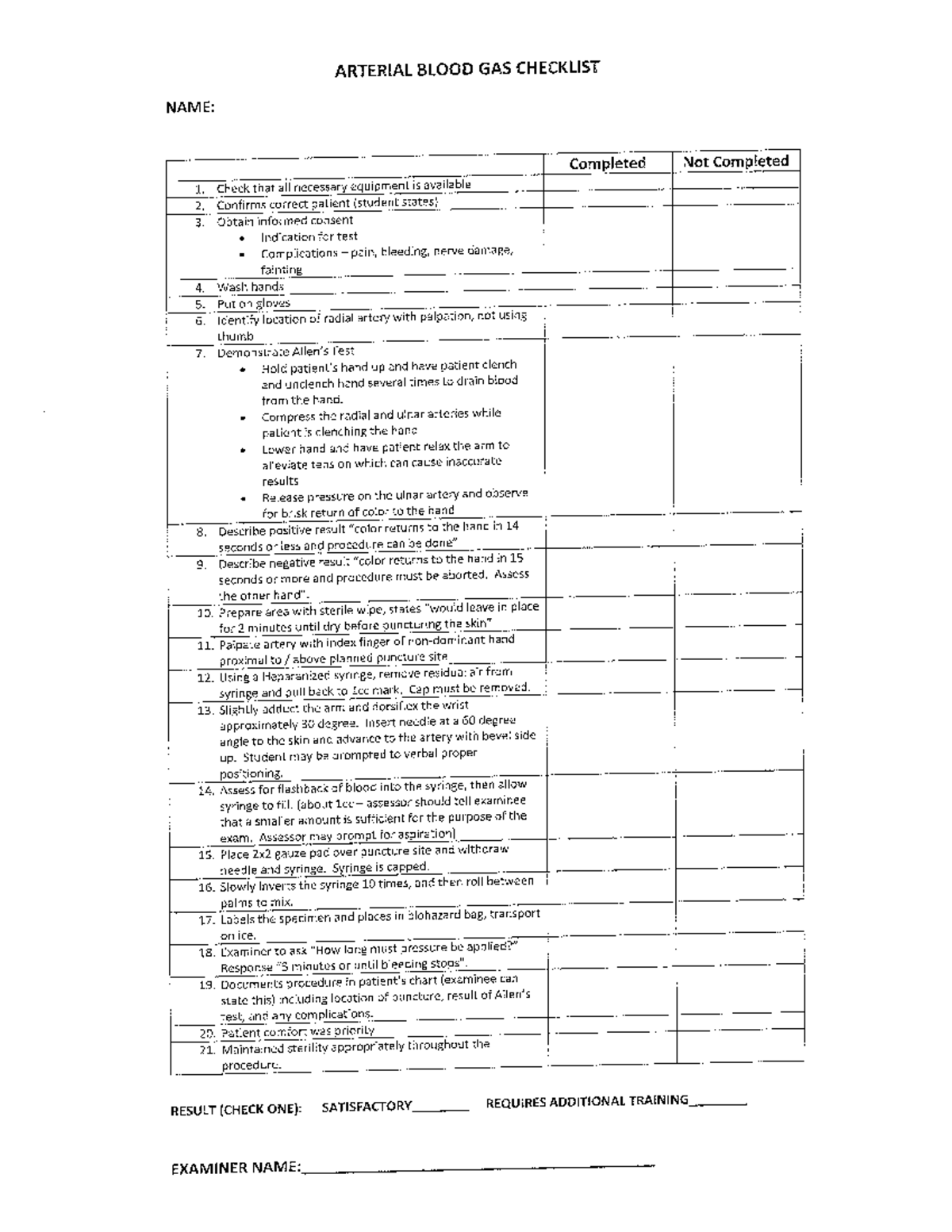 ABG Checkoff Checklist for Arterial Blood Gas Procedure - Studocu