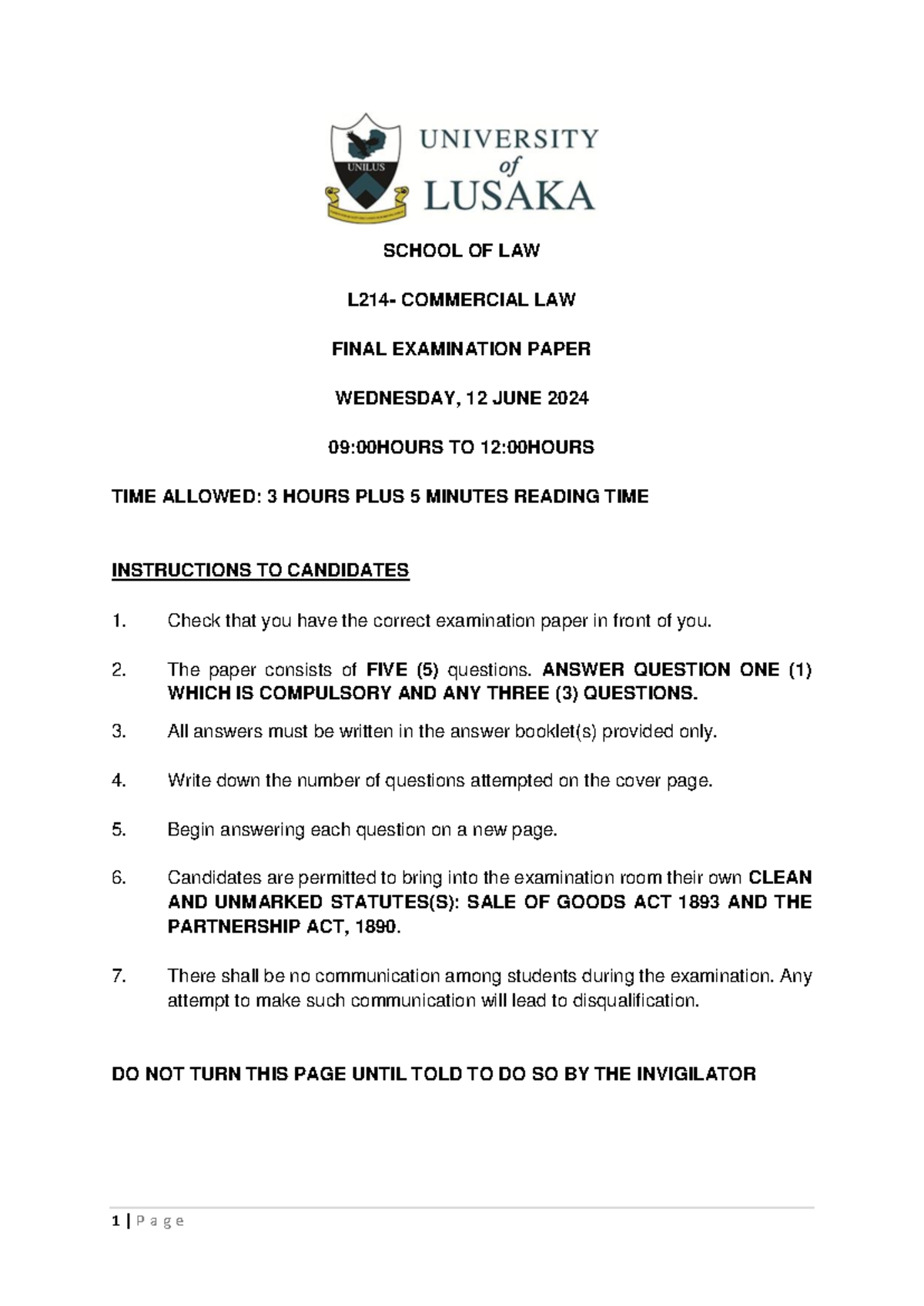 L214 2024 Semester 1 Final Exam Paper: Commercial Law Questions - Studocu