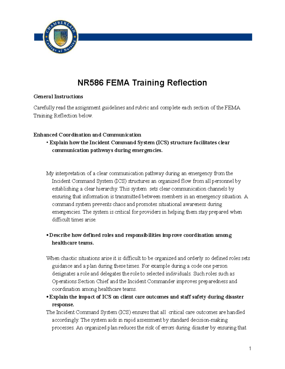 NR586 FEMA Training Reflection: Enhancing ICS in Healthcare - Studocu
