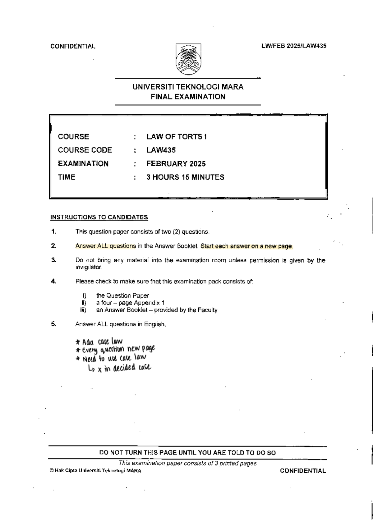 LAW435 Final Exam: Law of Torts I - February 2025 Examination Paper ...
