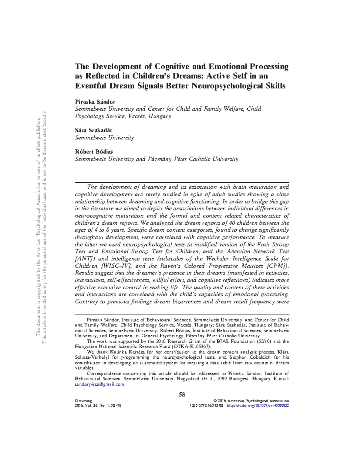 Development of Cognitive and Emotional Processing in Children's Dreams ...
