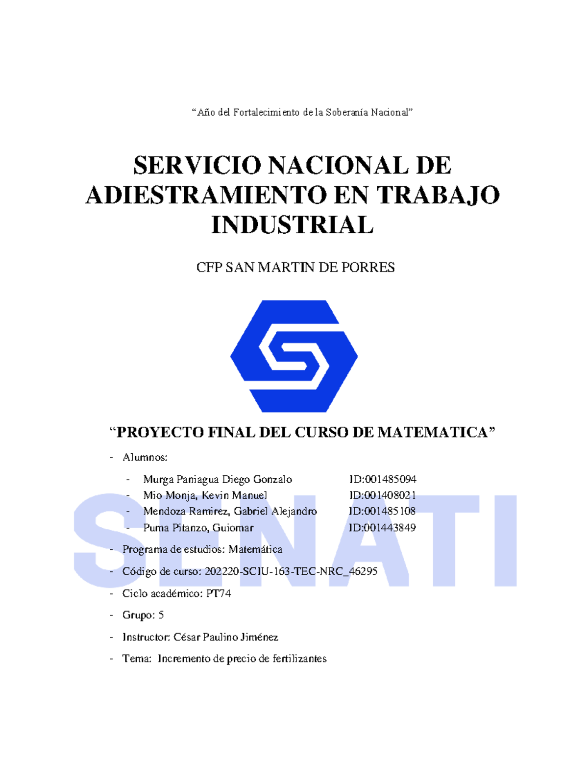 Tt Rabajo+ Final+ Matemática Grupo - “Año del Fortalecimiento de la ...