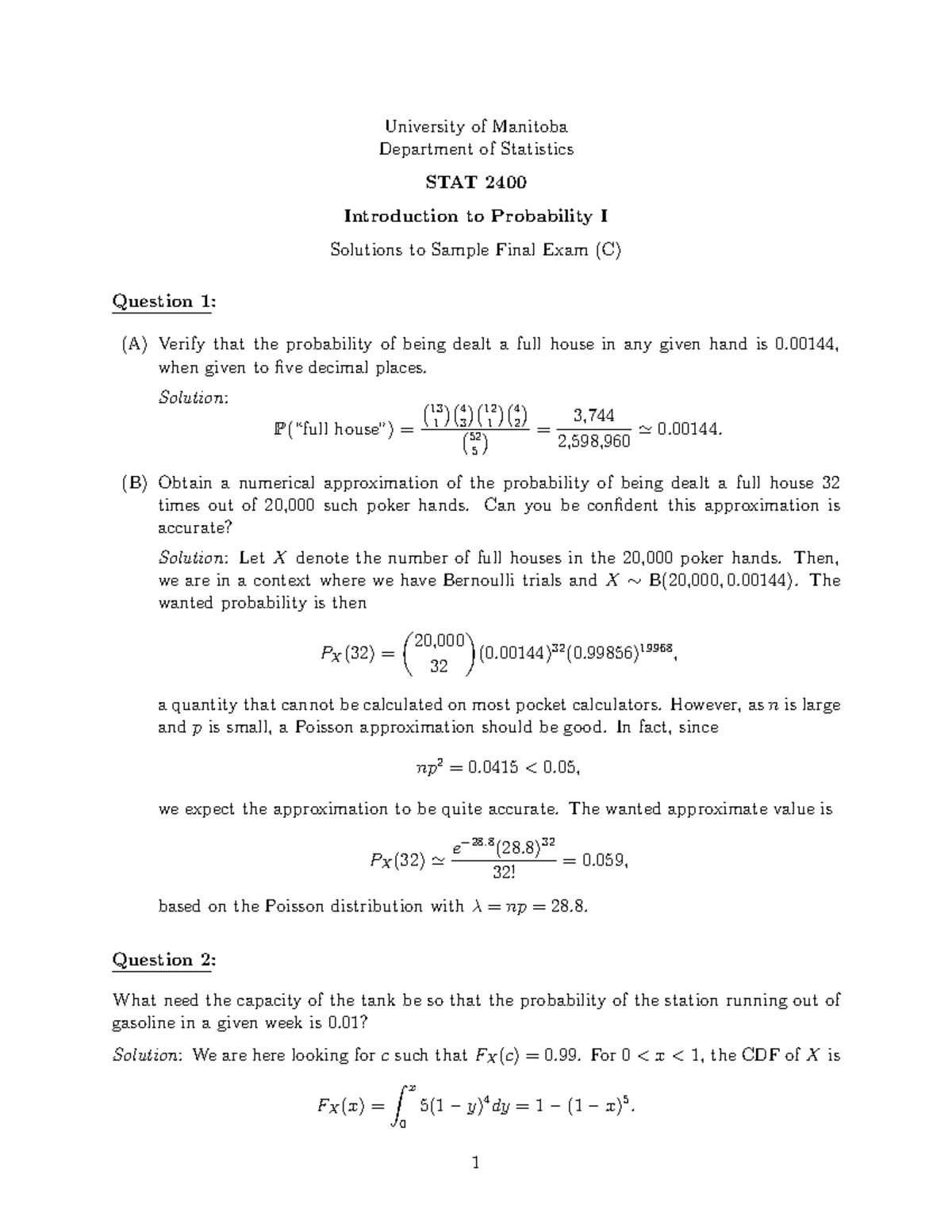 Sample Final Exam Solutions for STAT 2400: Introduction to Probability ...