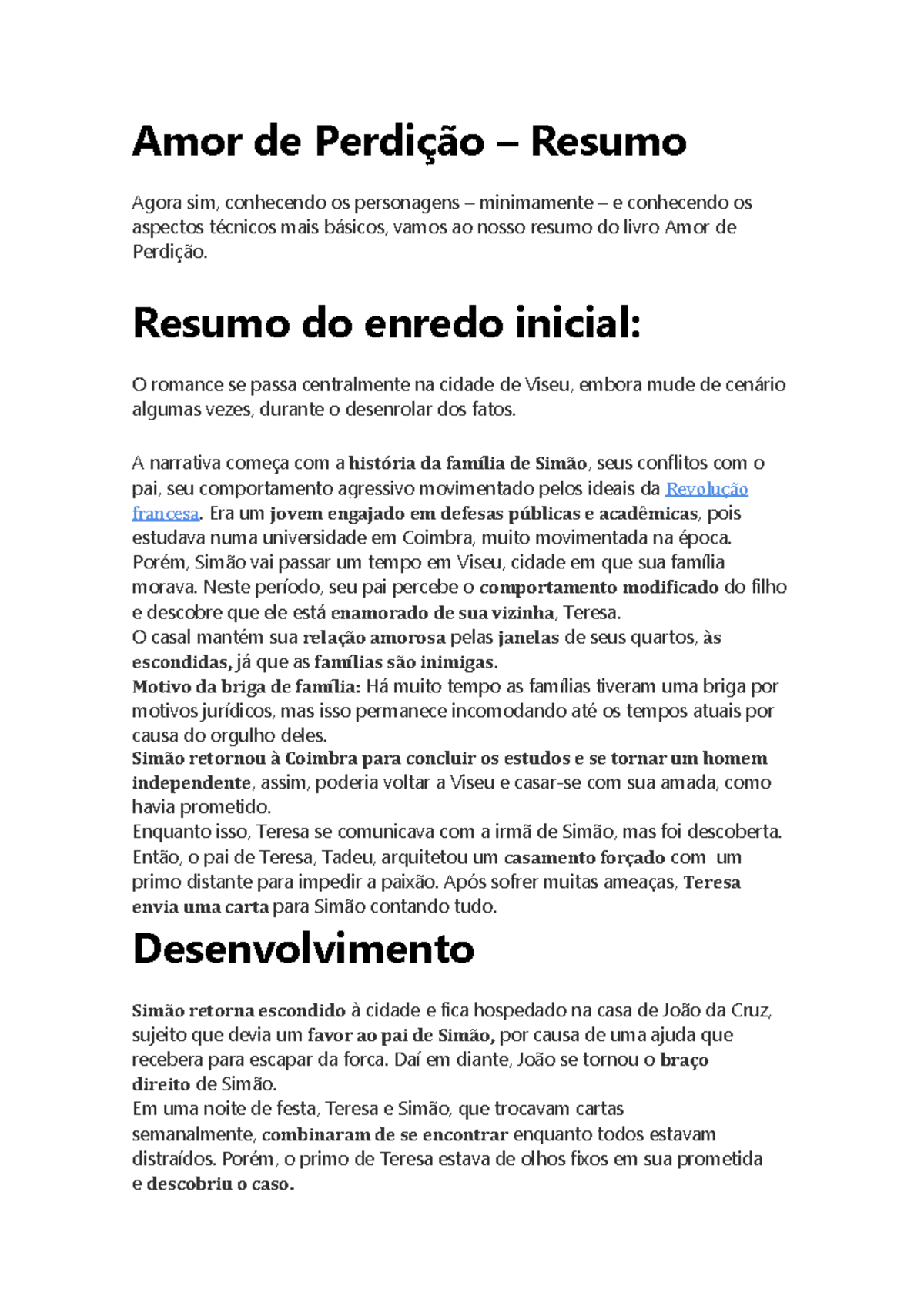 Amor de Perdição: Resumo do Romance para 11º Ano - Studocu