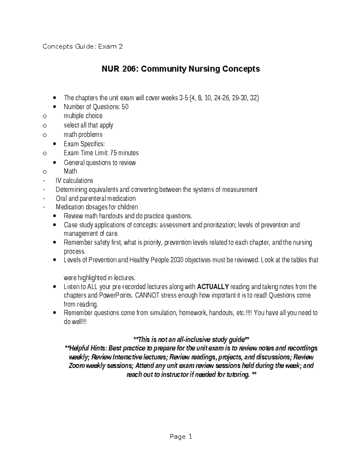 NUR 206: Community Nursing Concepts - Exam 2 Study Guide - Studocu