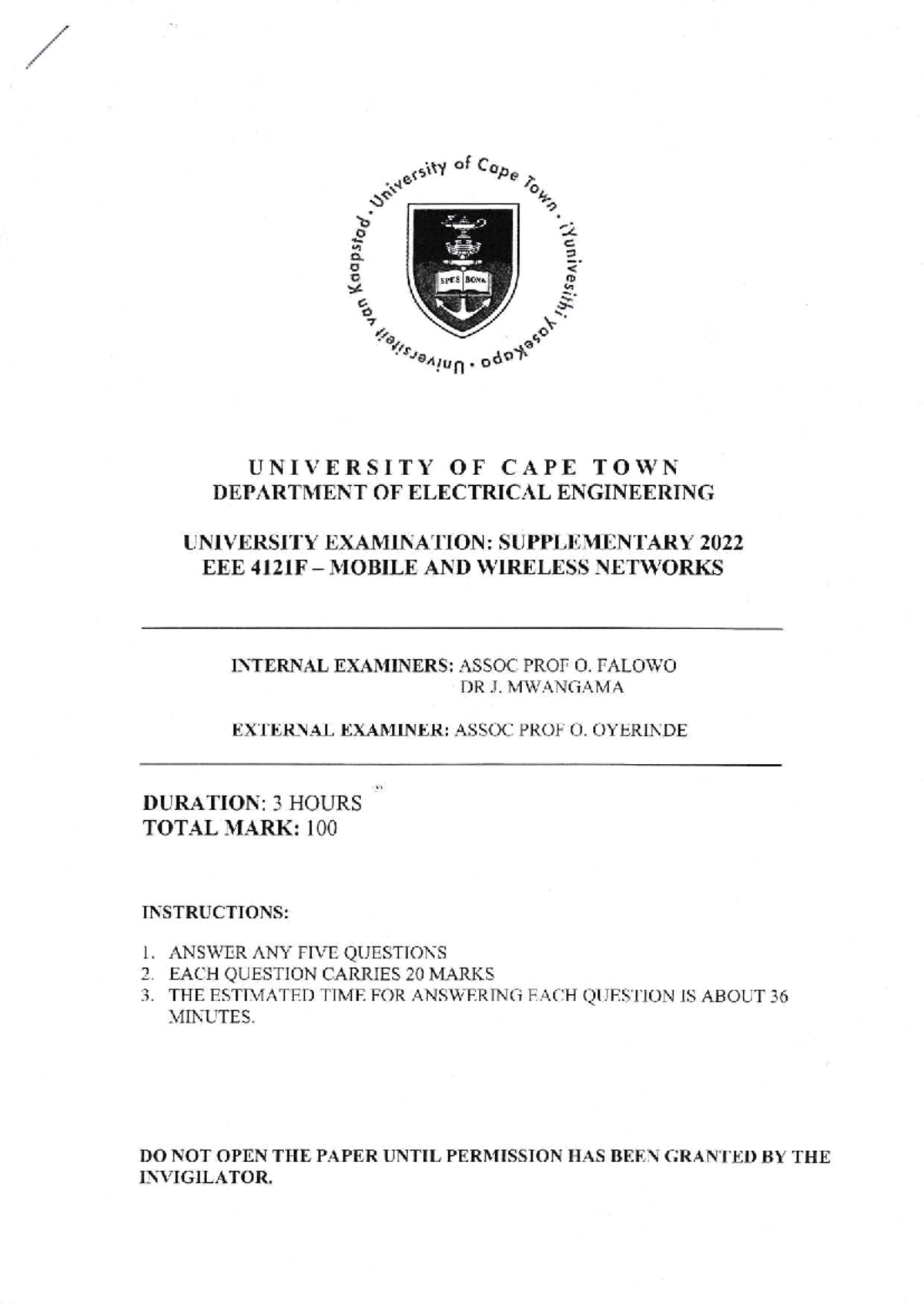 EEE4121F 2022 Supplementary Exam - Mobile and Wireless Networks - Studocu