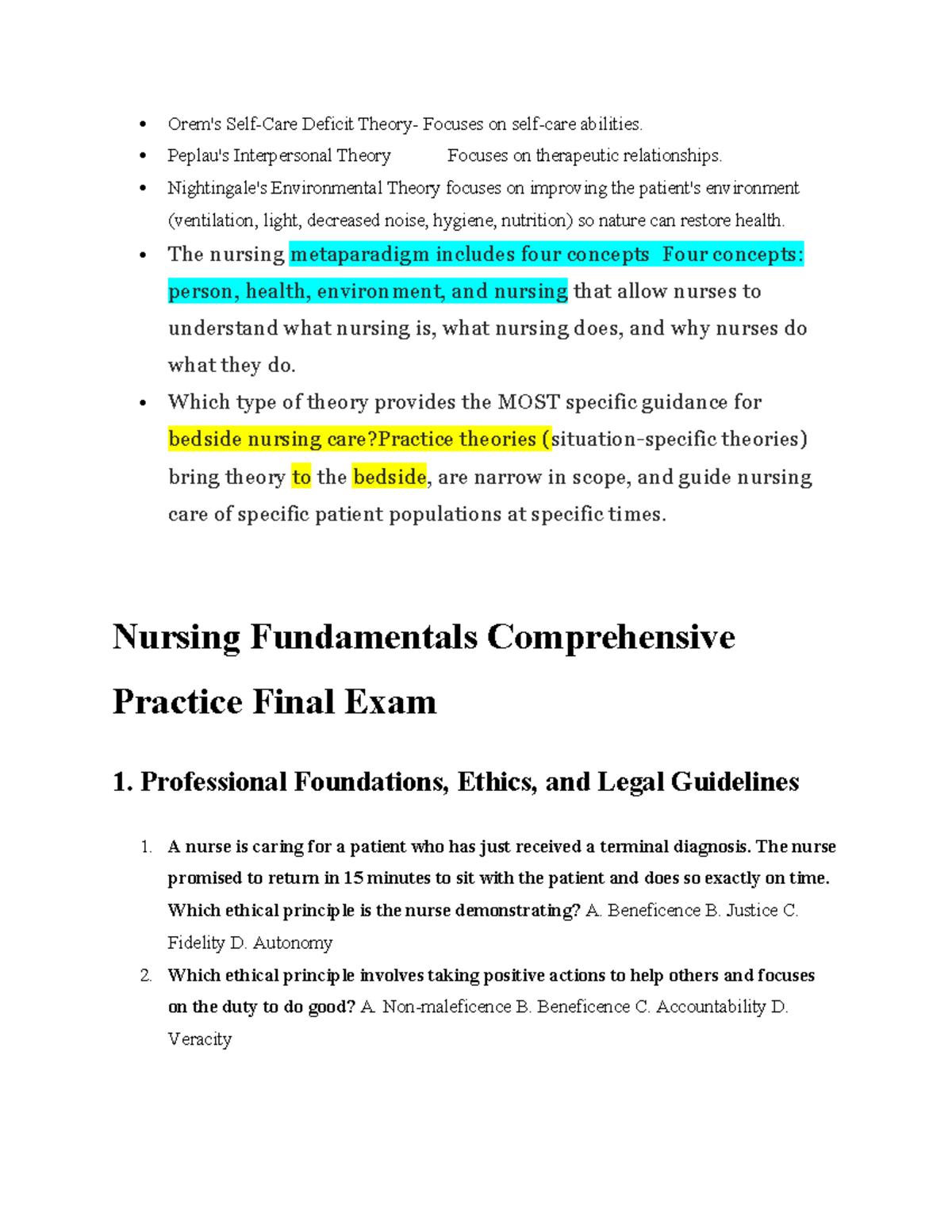 Nursing Fundamentals Comprehensive Practice Final Exam Review - Studocu