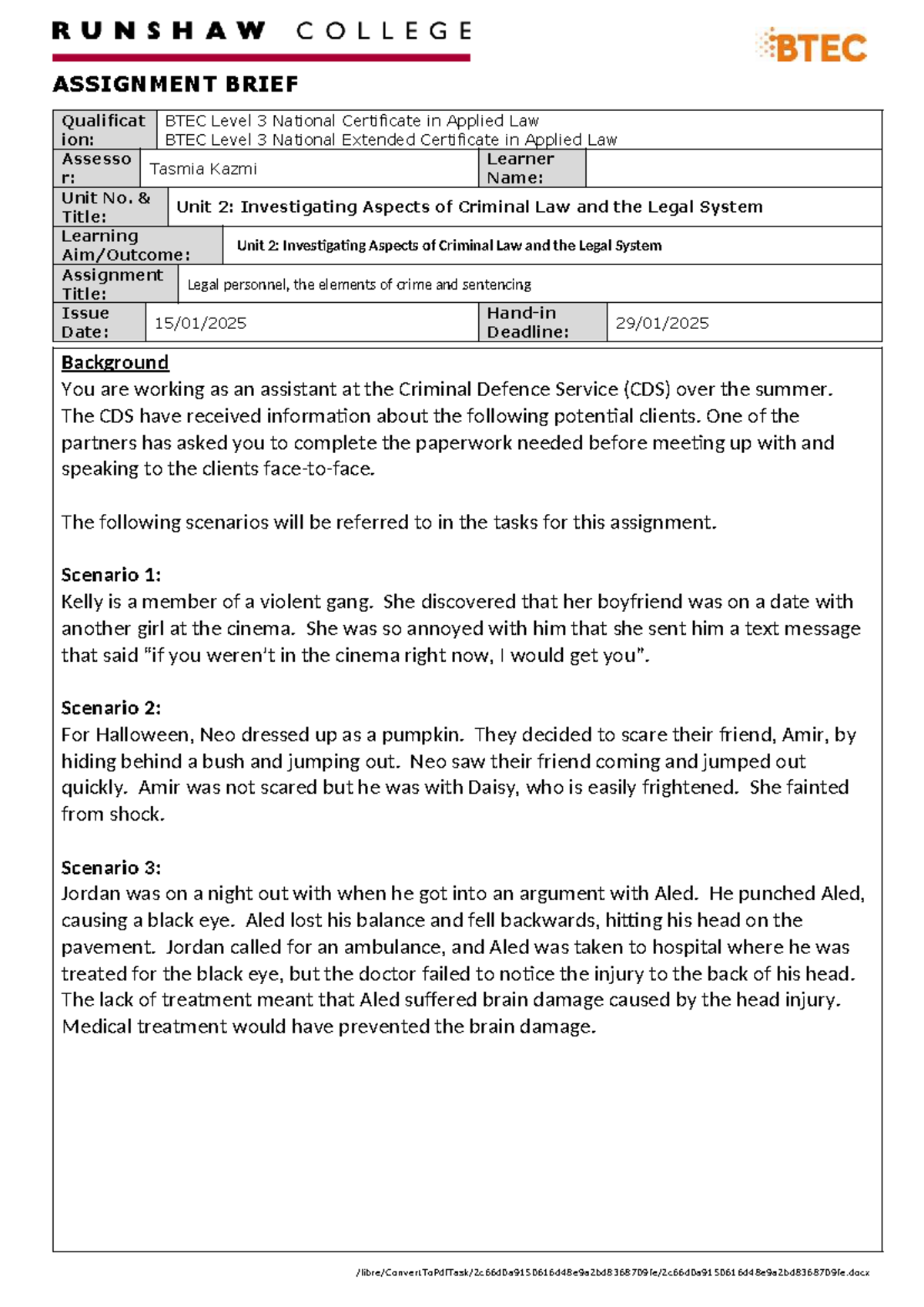 BTEC Level 3 Applied Law: Assignment 2 Brief on Criminal Law - Studocu