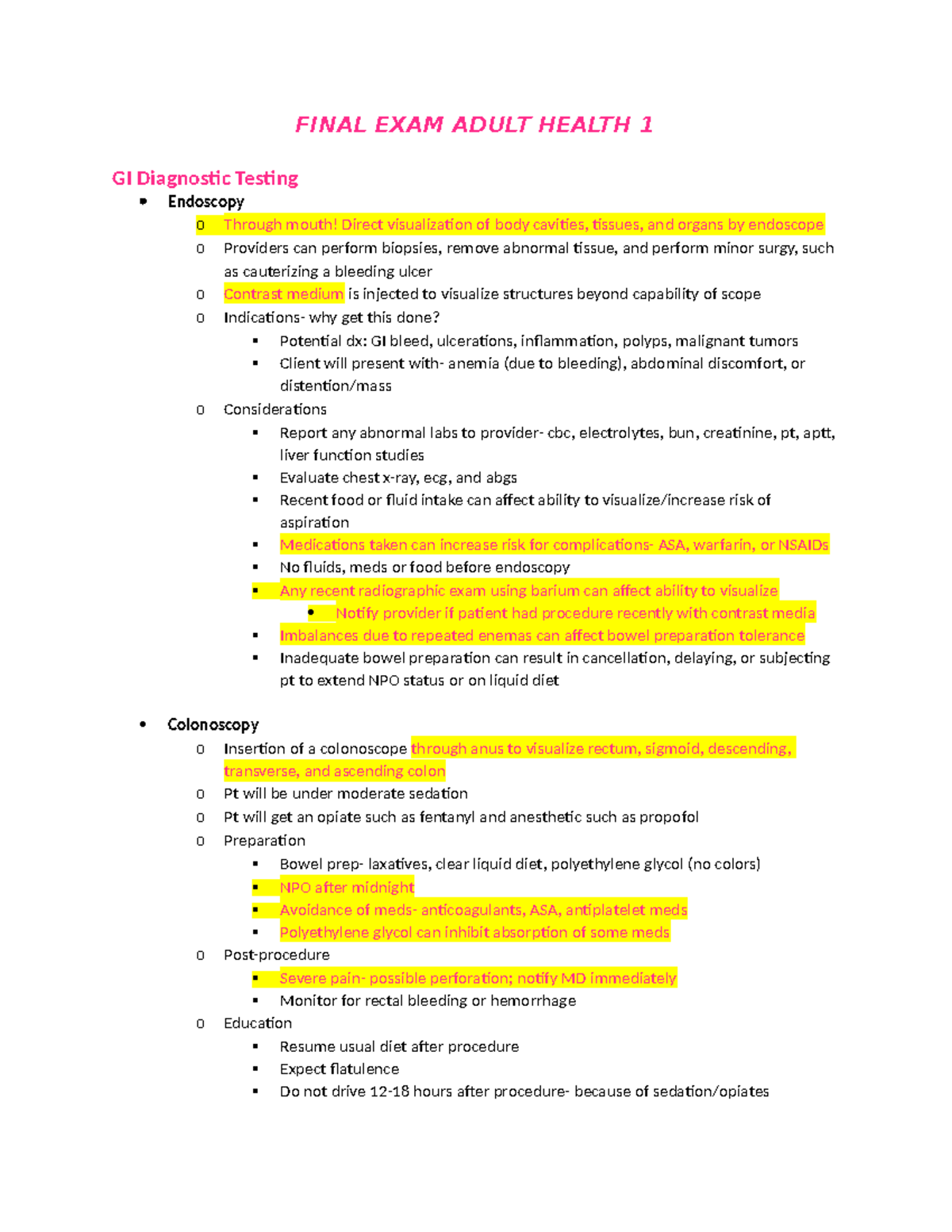 Adult Health 1 Final Exam Study Guide: Key GI Concepts and Nursing Care ...