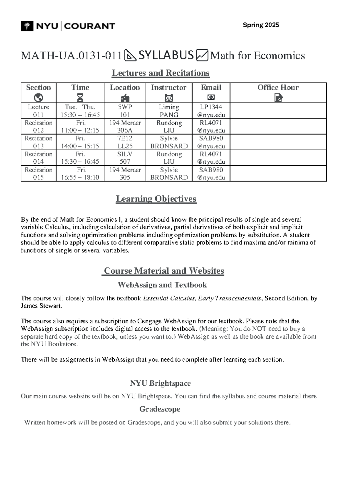 Spring 2025 Economics Syllabus: Math for Economics I (Course Code: 5WP ...