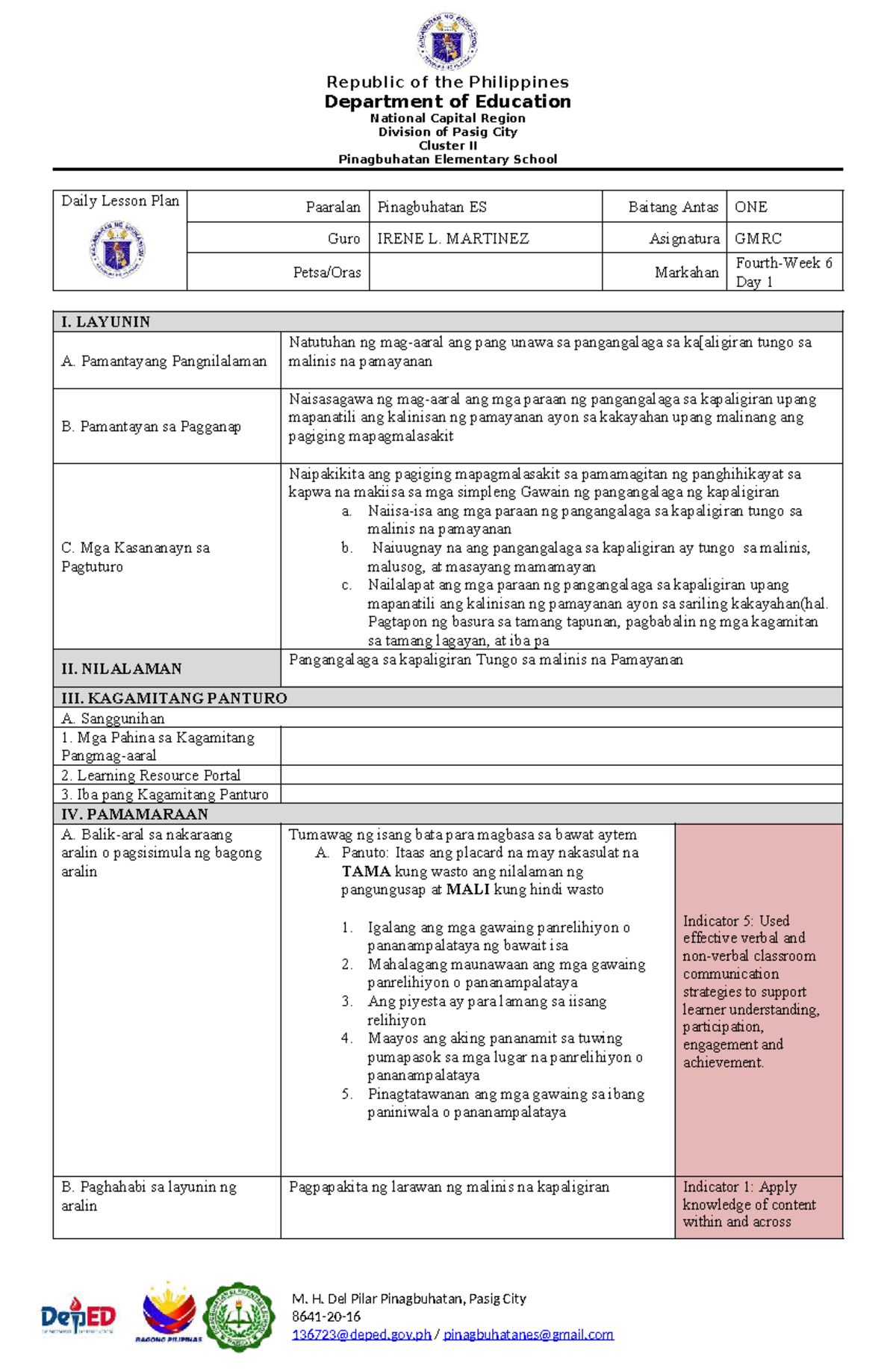 Daily Lesson Plan in GMRC for Grade 1 by Guro Irene L. Martinez - Studocu
