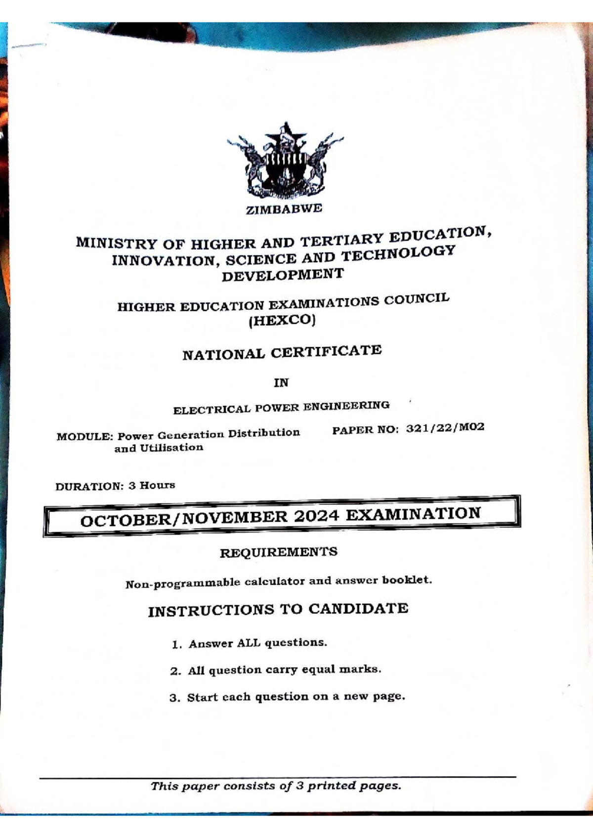 ZIMBABWE HEXCO NATIONAL CERTIFICATE IN ELECTRICAL POWER ENGINEERING ...
