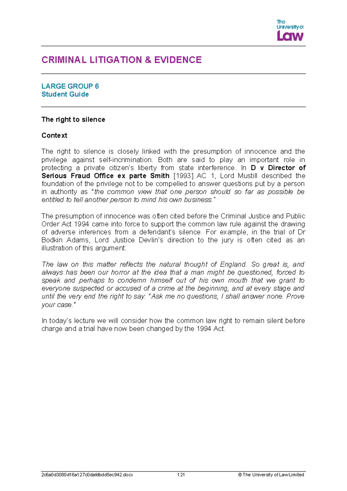 CRIMINAL LITIGATION EVIDENCE LG06 Student Guide: Right to Silence ...