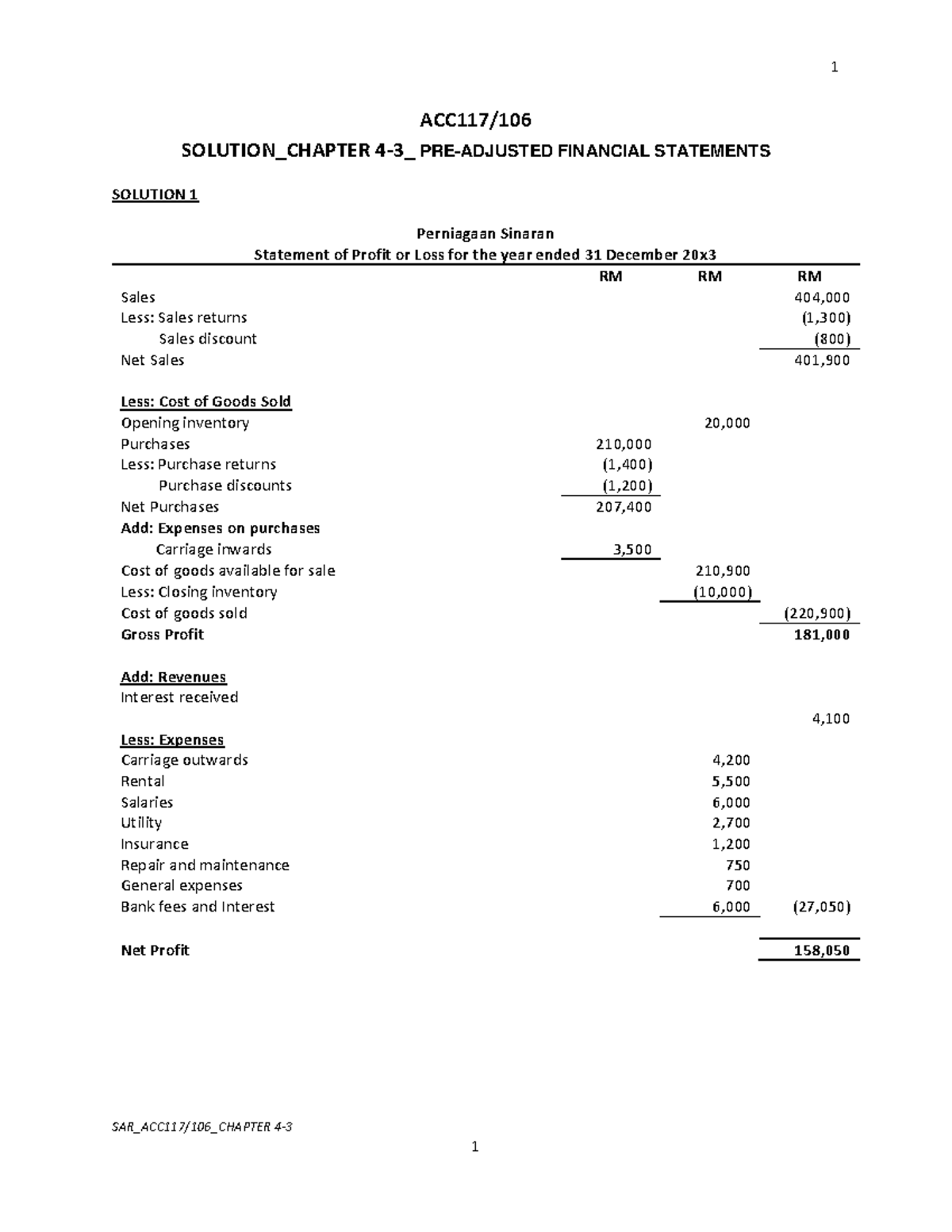 SOLUTION EXERCISE CHAPTER 4-3 ACC117: PRE-ADJUSTED FINANCIAL STATEMENTS ...