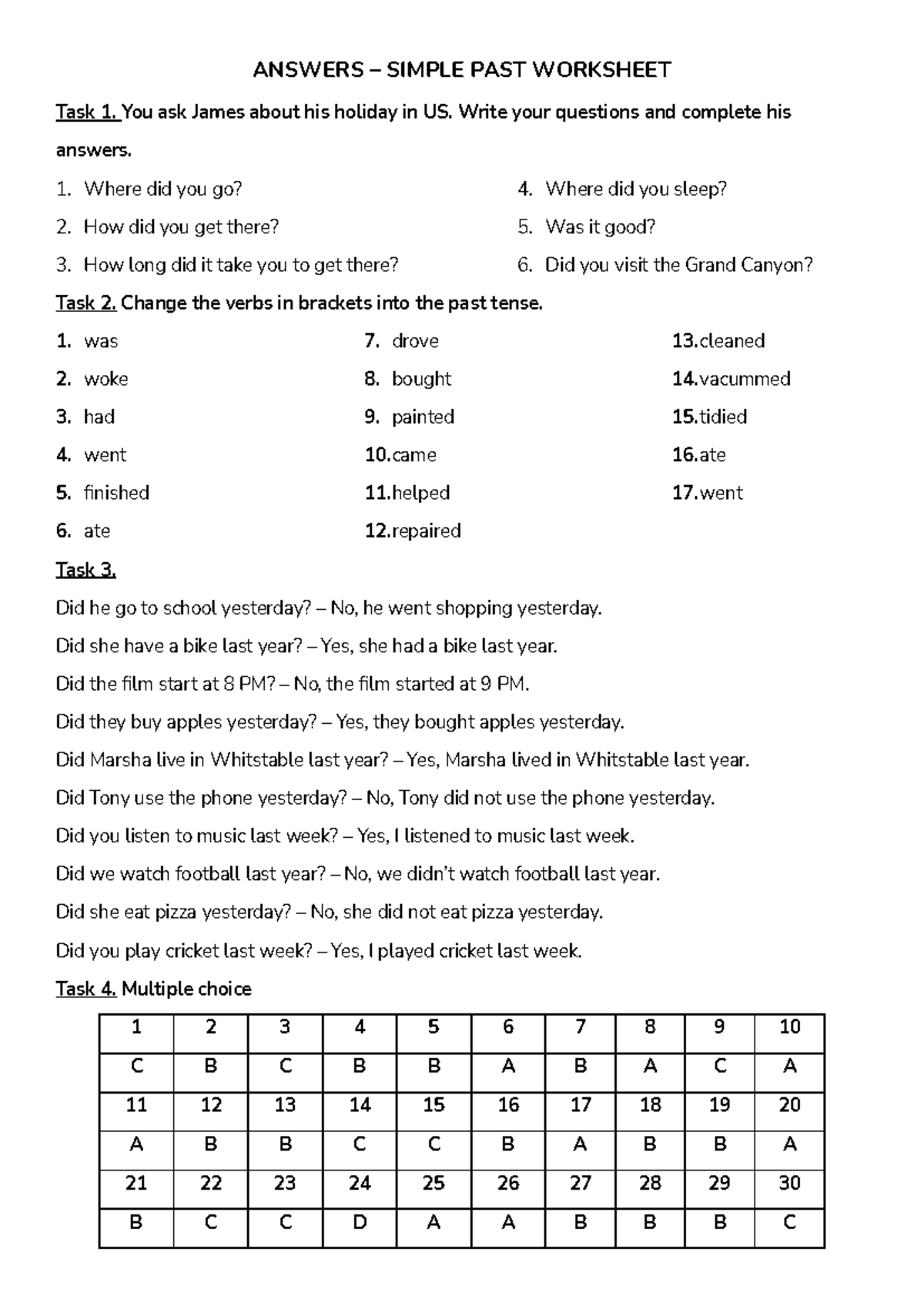 Simple Past Worksheet Answers - English 101 - Studocu