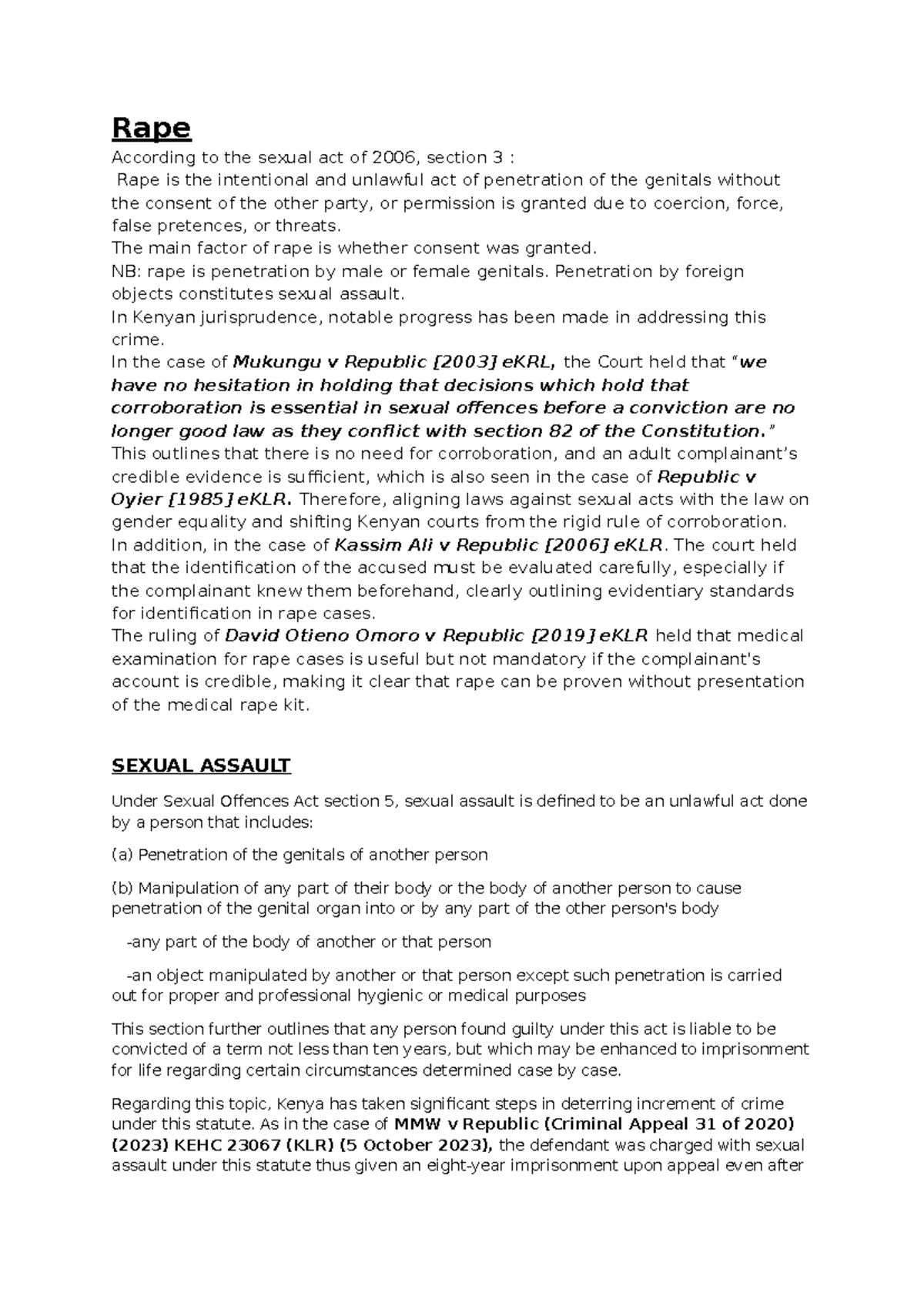 Rape and Sexual Assault in Kenyan Law: Key Cases and Insights - Studocu