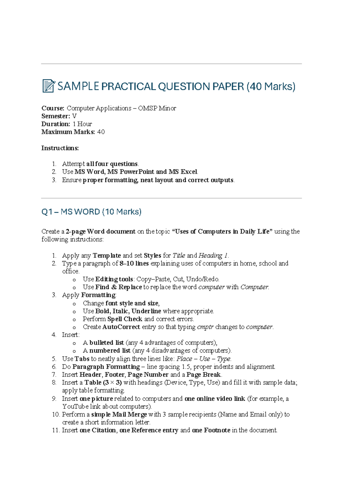 Computer Applications Practical Question Paper (OMSP Minor V) - Studocu