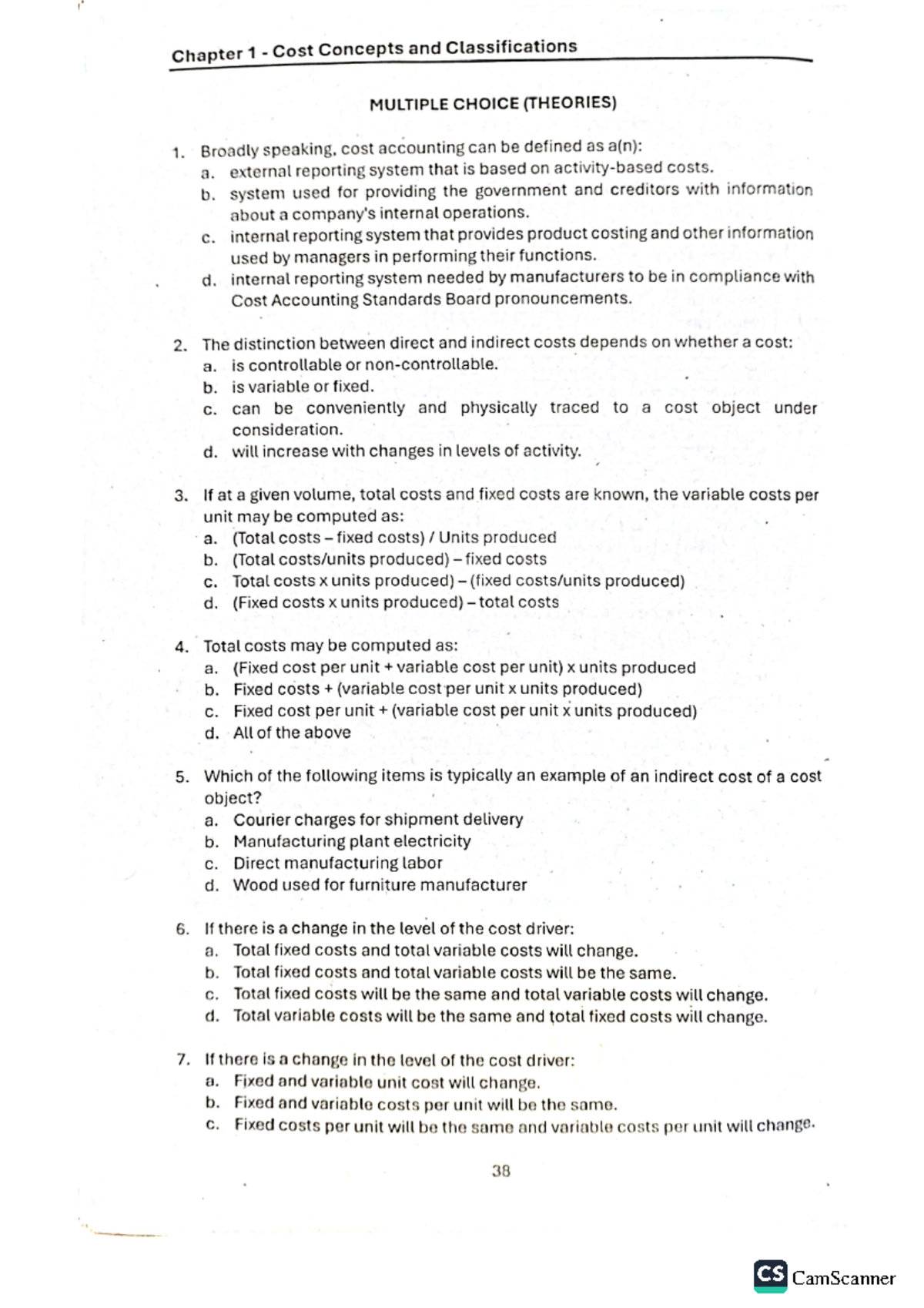 CS 2025 Chapter 1: Cost Concepts and Classifications Exam Notes - Studocu