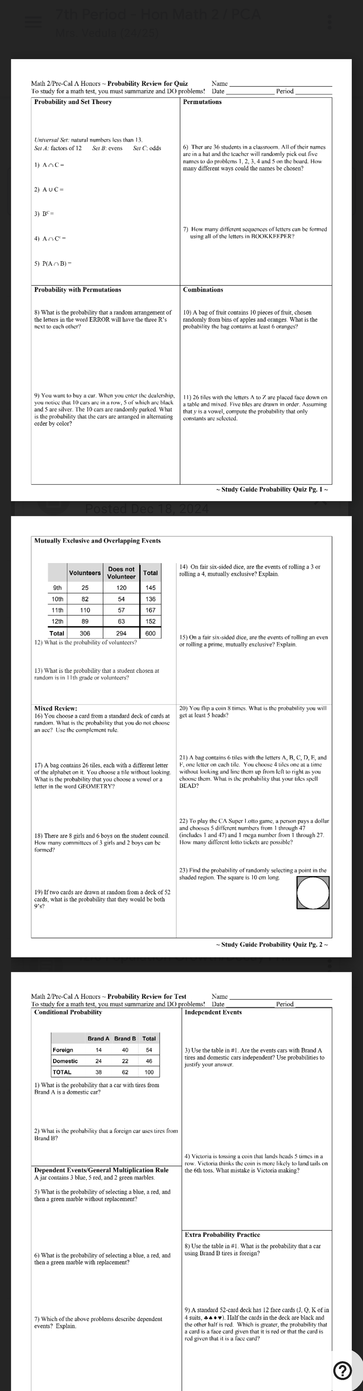 Classwork Review for 7th Period Hon Math 2 PCA - Probability and ...