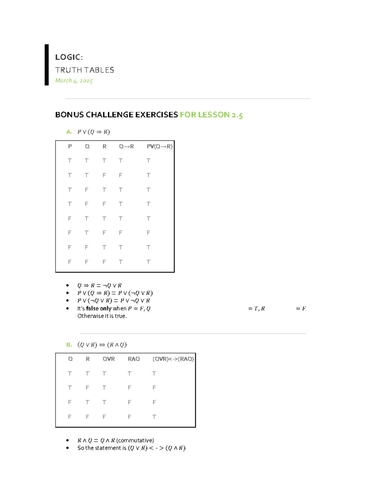 Math 121: Truth Tables - Bonus Challenge Exercises for Lesson 2.5 - Studocu