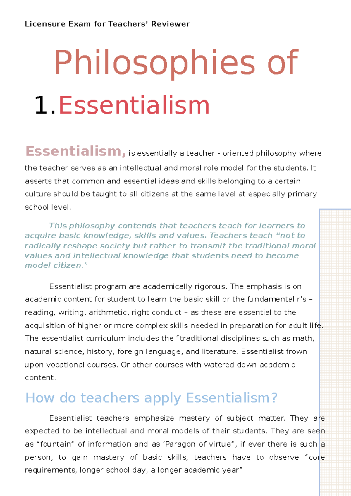 Essentialism In Education Philosophy