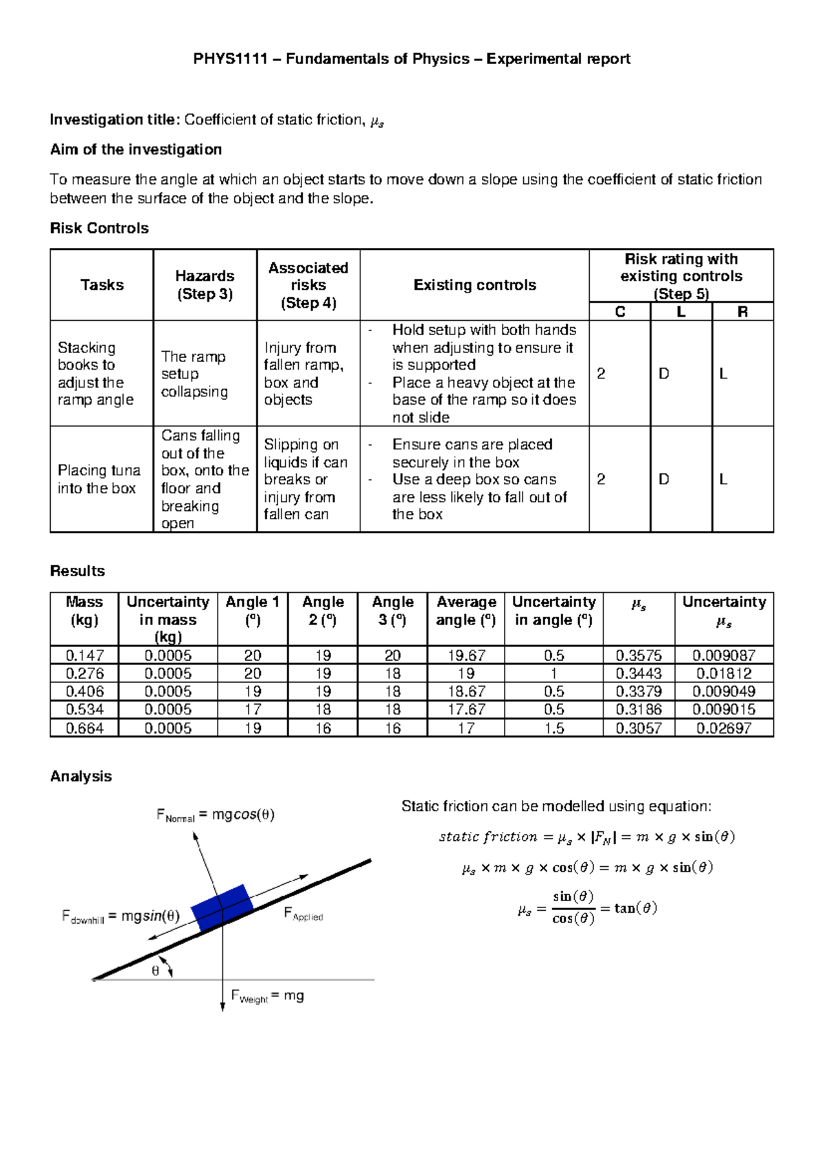 PHYS1111 Coefficient of static friction - PHYS1111 – Fundamentals of ...