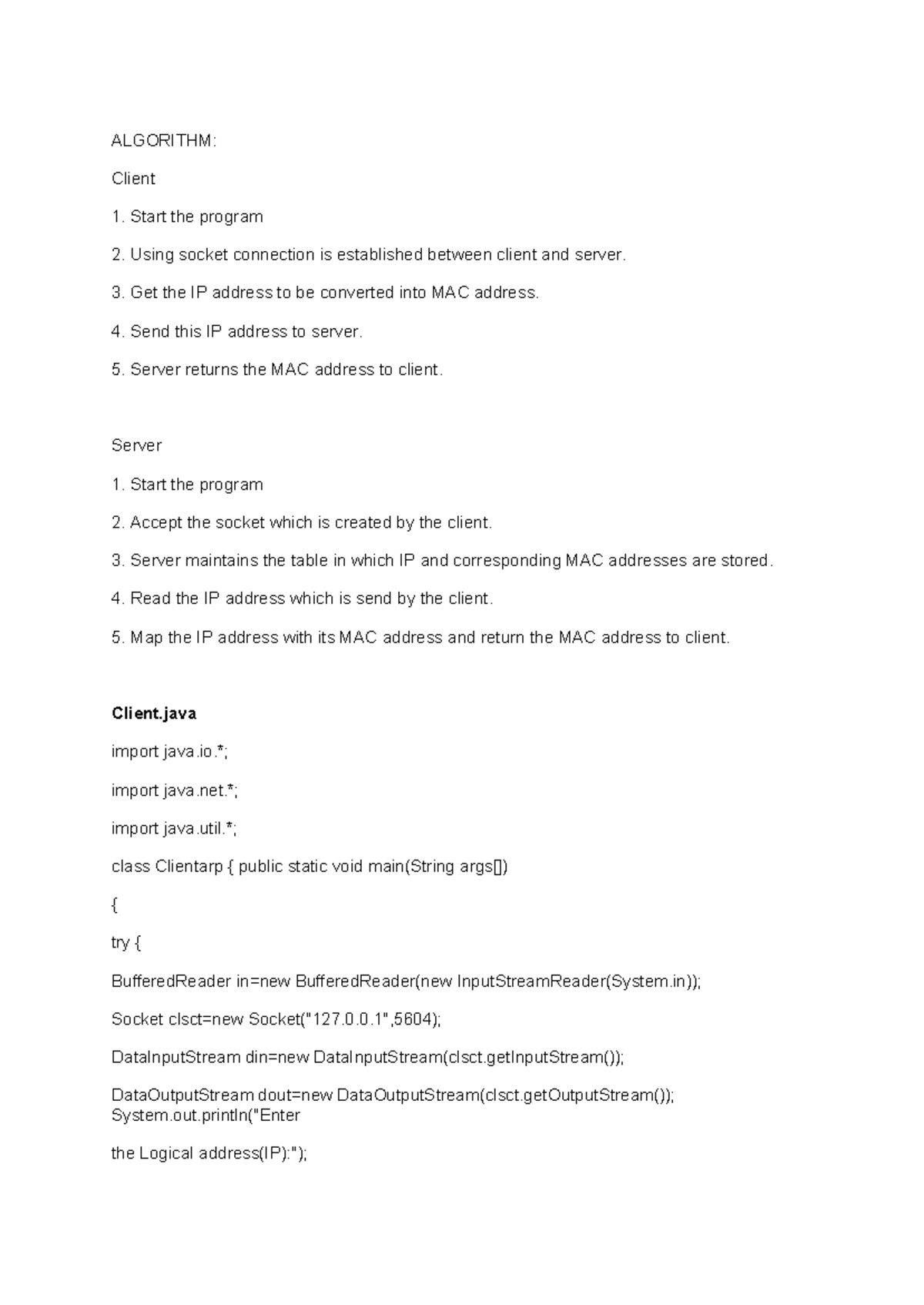 Address Resolution Protocol (ARP) Algorithm: Client-Server Interaction ...