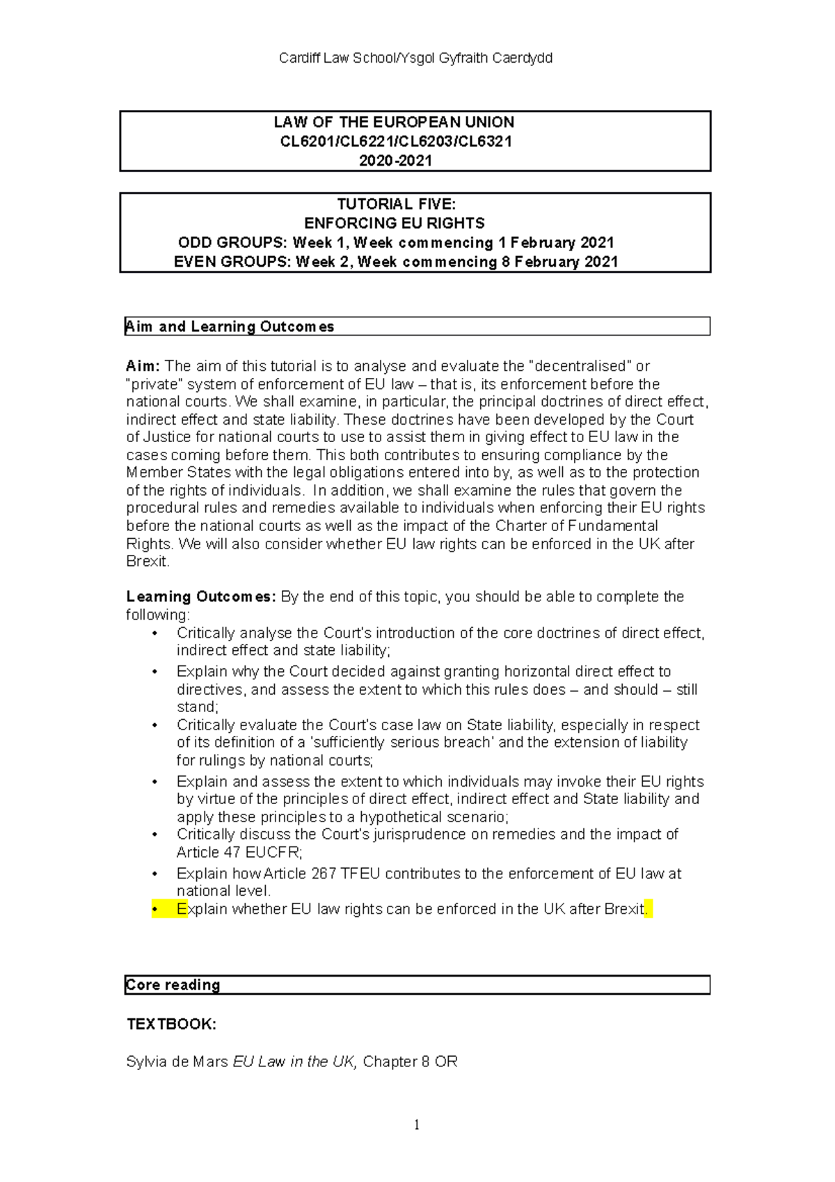 Tutorial 5 - Enforcing EU Law - LAW OF THE EUROPEAN UNION CL6201/CL6221 ...