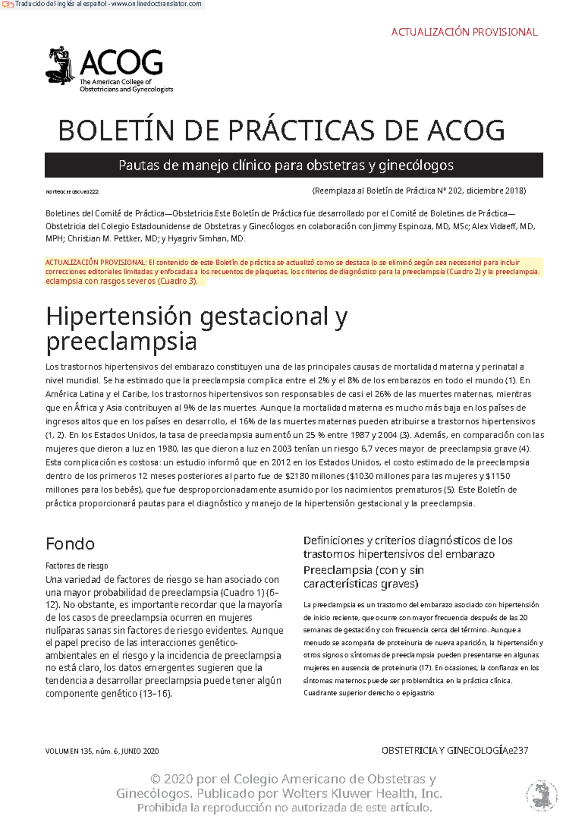 Boletín de Práctica ACOG: Hipertensión Gestacional y Preeclampsia, N ...