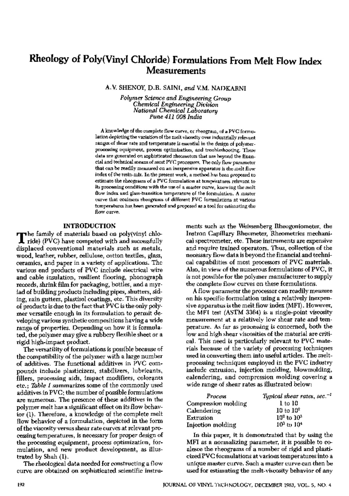 Rheology of PVC Formulations Based on MFI - Shenoy 1983 Study - Studocu