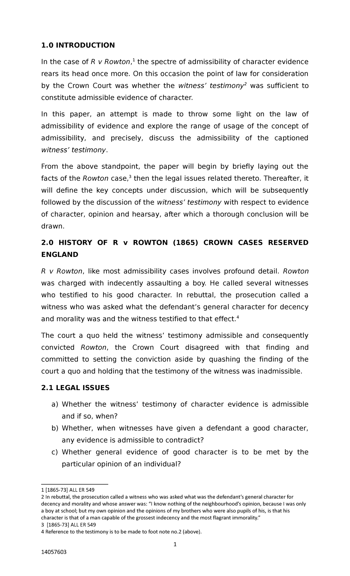 Admissibility of Character Evidence in R v Rowton Case Study - Studocu