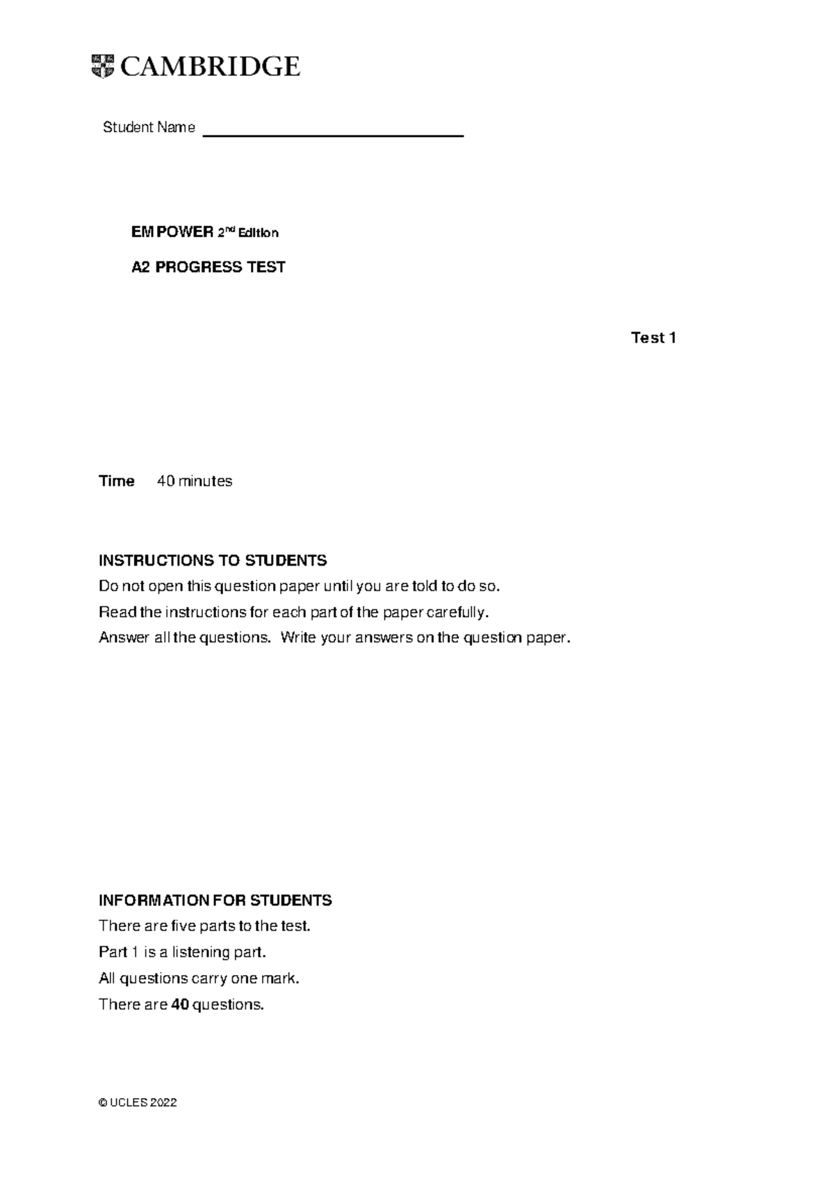 Unit Progress Test 1 - EMPOWER 2nd Ed A2 (40 min) - Studocu