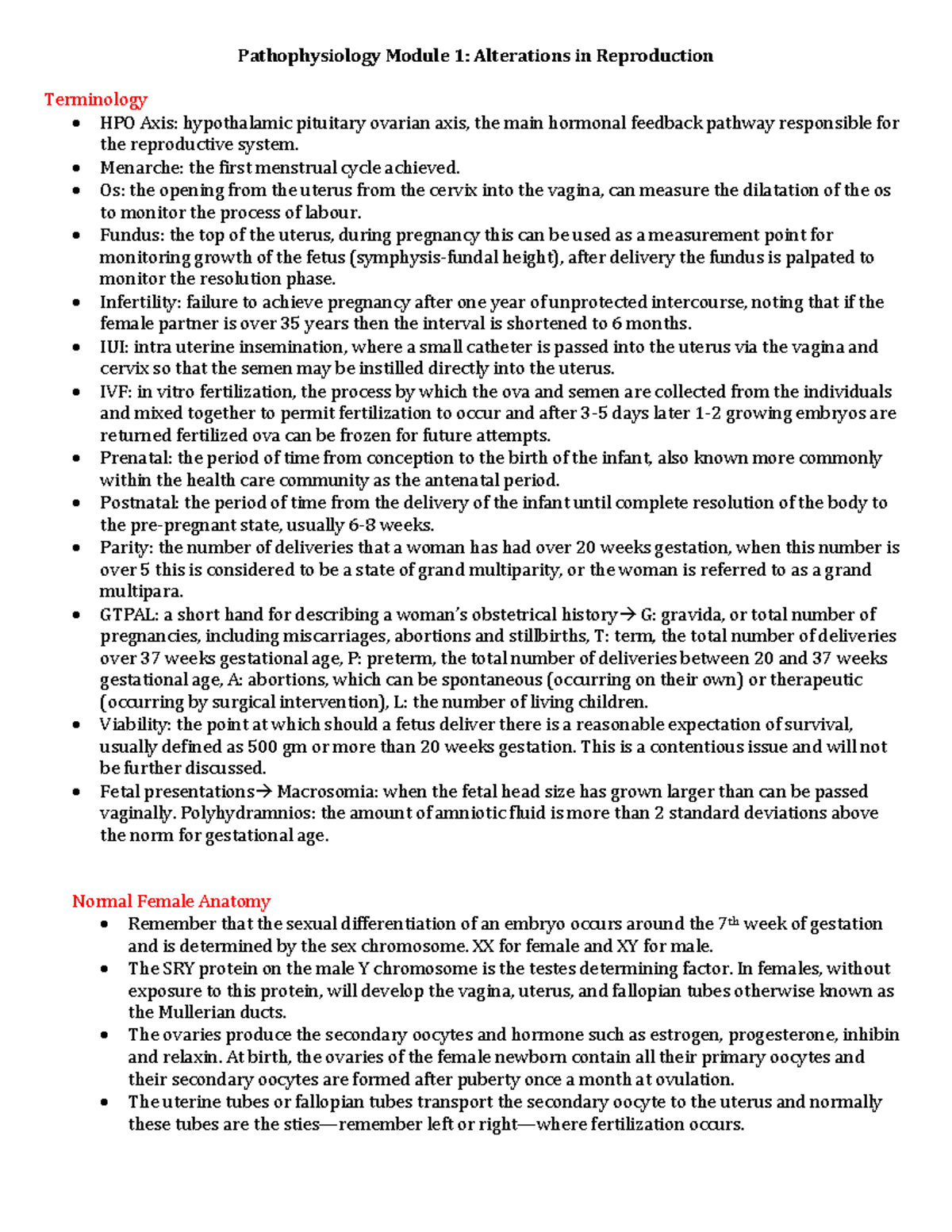 Module 1 - Reproduction - Pathophysiology Module 1: Alterations in ...