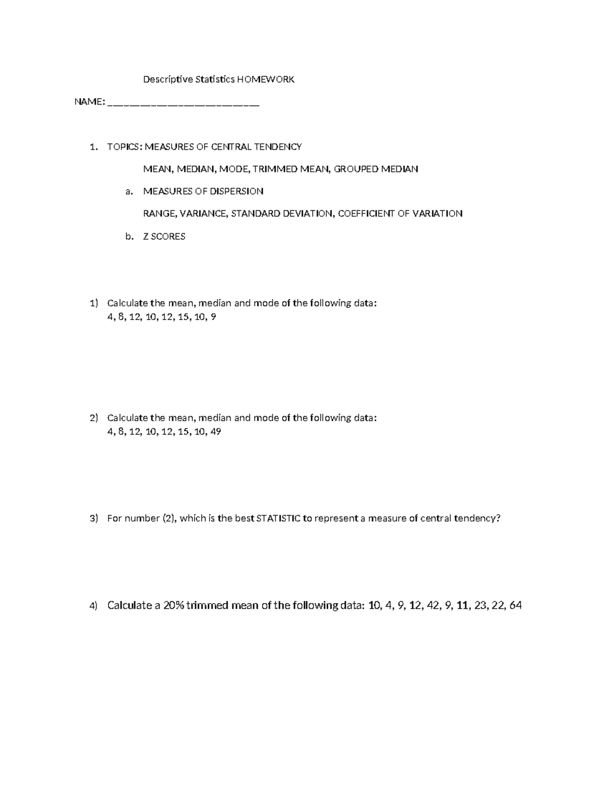 QMST 2333 Descriptive Statistics Homework Exercise - Studocu