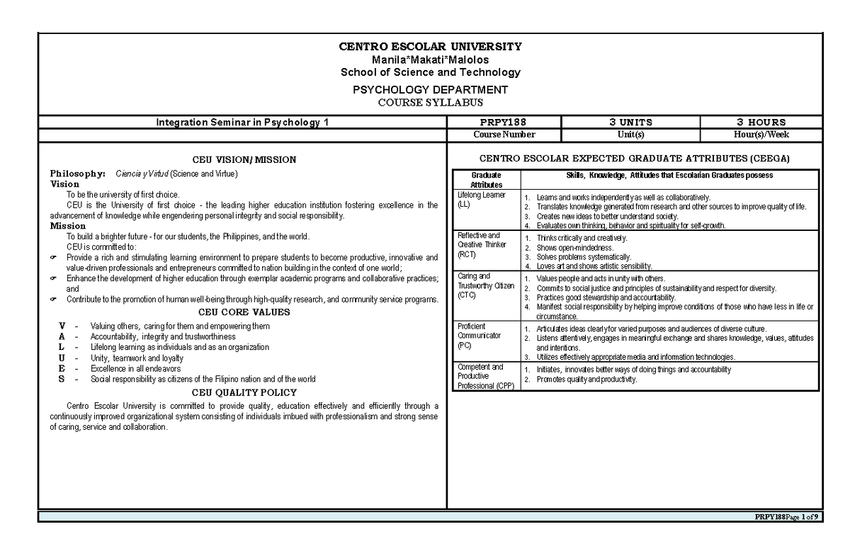 **PRPY188 Integration Seminar in Psychology 1 Course Syllabus Overview ...