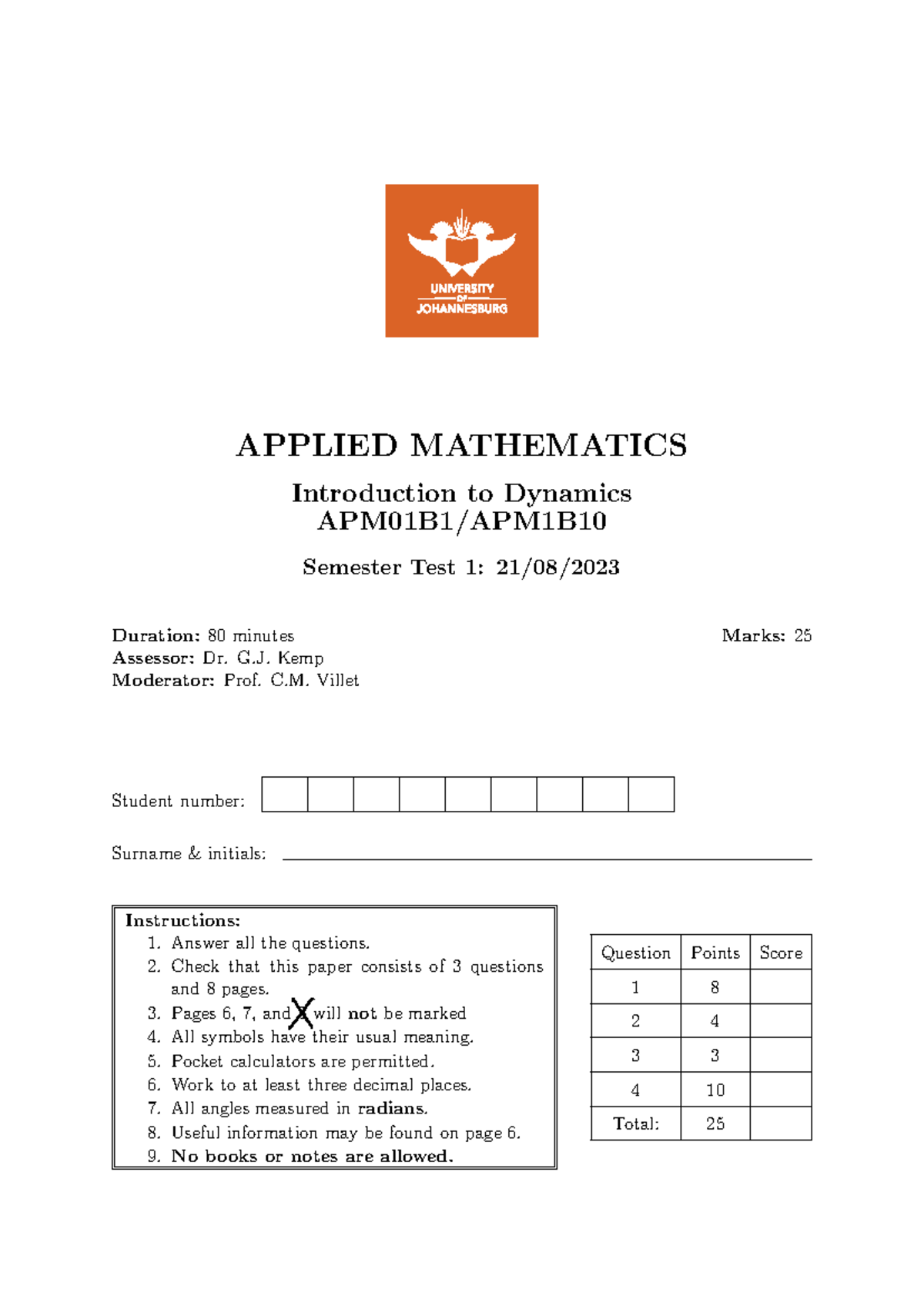 APM01B1 Semester Test 1 2023 Memo - Applied Mathematics Dynamics - Studocu